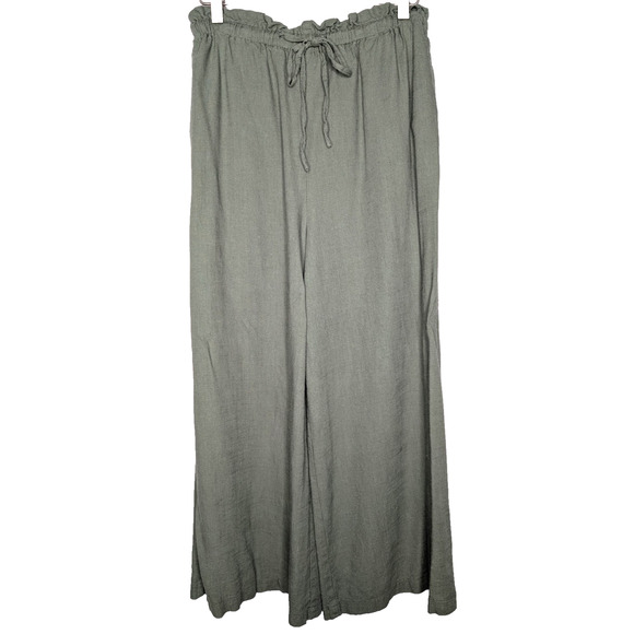 Papillion Olive Viscose Linen Wide Leg High Rise Drawstring Lagenlook Pants SM - Picture 1 of 7